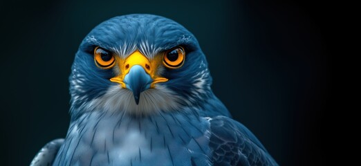 Fototapeta premium Stunning close-up of a blue hawk showcasing intense gaze and vibrant colors, copy space for text