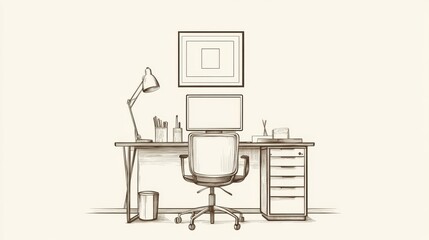 Minimalistic workspace featuring a desk, chair, computer, and decorative elements in a serene setting
