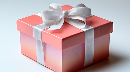 A glossy coral gift box with a gradient ombre effect, wrapped with a white ribbon, on a white background,