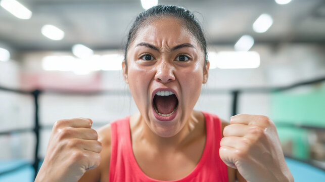 Fierce female trainer in boxing ring passionately yelling instructions to motivate