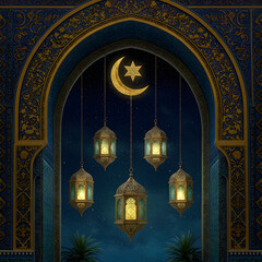 Obraz premium The ancient stone architecture of a mosque's night entrance with Traditional Islamic Geometric Patterns And Hanging Lanterns 