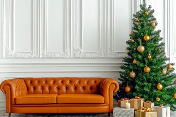 Minimalist Christmas living room with orange leather sofa, pine tree, golden ornaments, and decorated side tables with candles and gifts. Holiday home decor concept.