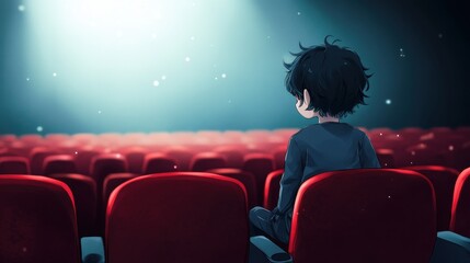 Alone in the Spotlight: A lone figure sits in an empty theater, bathed in the light of the stage, as if on the cusp of a thrilling performance.