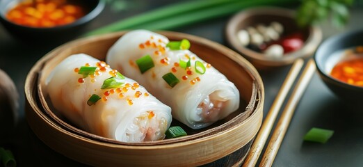 Delicious Vietnamese rice paper rolls with shrimp and vibrant toppings in bamboo steamer, copy space for text