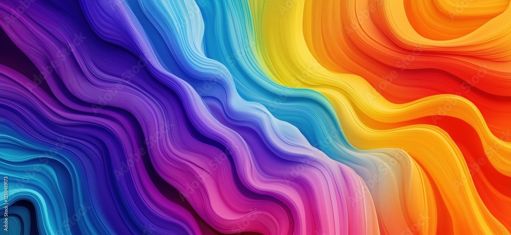 Poster vibrant abstract waves in rainbow colors creating a dynamic visual flow, copy space for text