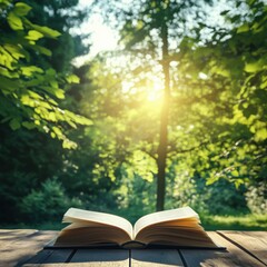 Open book on wooden table surrounded by lush greenery and sunlight, copy space for text