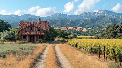 Rustic Farmhouse Vineyard Landscape Scenic Rural Mountain View Sky Red Home Wine Path Road Blue     