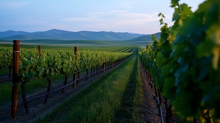 Obraz premium Rolling hills backdrop a vineyard's rows at dusk offering scenic views