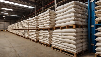 Warehouse Grain Storage: Rows of neatly stacked grain sacks in a large industrial warehouse