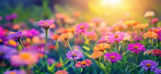 Obraz premium Vibrant flower field at sunset with colorful blooms and soft sunlight, copy space for text