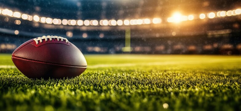 American football on field with stadium lights during sunset, copy space for text - Powered by Adobe
