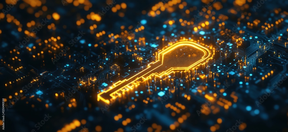 Poster digital key symbol glowing on circuit board background representing cybersecurity and encryption, co