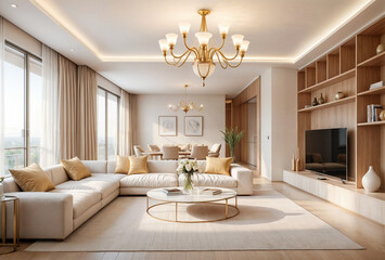 This image shows a modern living room with a neutral color palette, featuring beige sofas, chairs and a central coffee table.	

