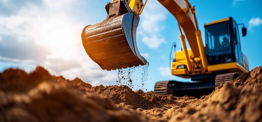 Excavator bucket digging into the earth during construction project under bright sky