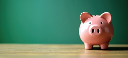 Pink piggy bank on wooden table with green background for savings and finance concepts, copy space for text