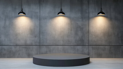 sturdy podium with heavy duty design is illuminated by three pendant lights against flat gray backdrop, creating modern atmosphere