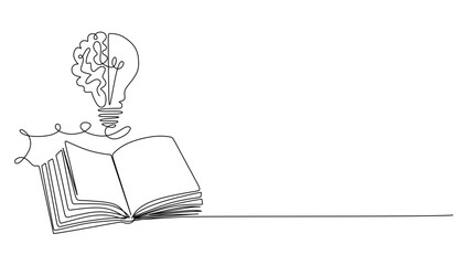 One line drawing of glowing light bulb with human brain over open textbook logo identity. continuous line drawing design graphic vector illustration