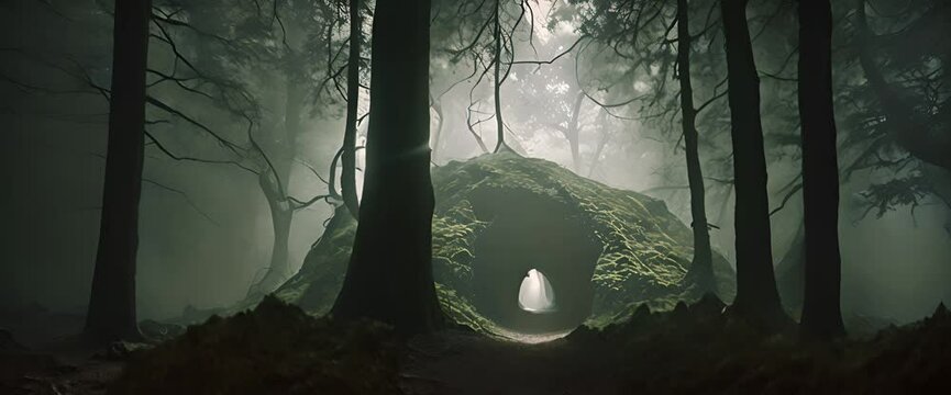 A dark and mysterious cave in the middle of a very scary forest, surrounded by towering trees, twisting with gnarled branches