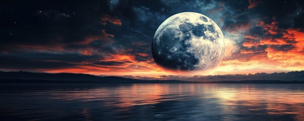 Fototapeta premium Stunning moonrise over tranquil waters with vibrant sunset colors, copy space for text