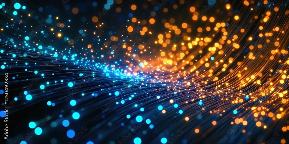 Poster abstract background with glowing dots and light rays in blue and orange colors creating a dynamic vi