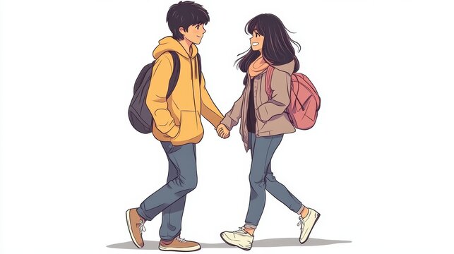 Young Couple Walking Hand in Hand: An illustration of a young couple, a boy and a girl, holding hands and walking together, showcasing youthful romance and companionship. - Powered by Adobe