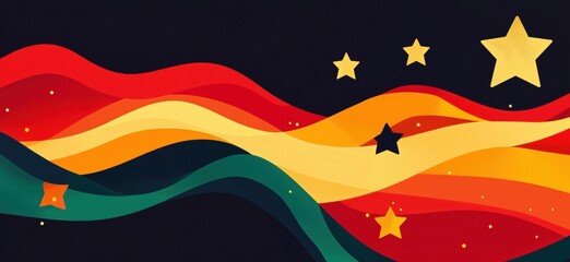 Colorful abstract waves with stars in vibrant red, yellow, green, and black hues, copy space for text