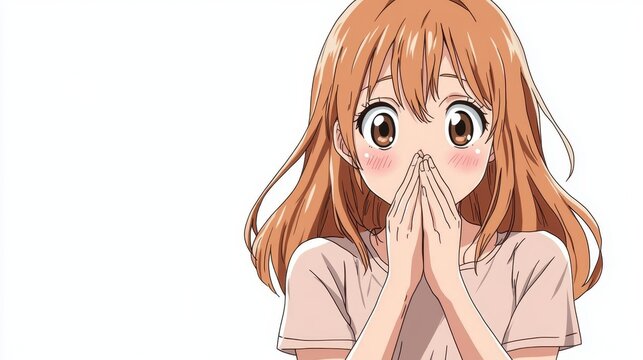Surprised Anime Girl: A charming anime-style girl with long, light orange hair is depicted with hands covering her mouth in a surprised or shy expression, blushing slightly.