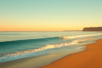 Obraz premium Serene beach at sunset with turquoise ocean, golden sand, and pastel sky, capturing coastal tranquility