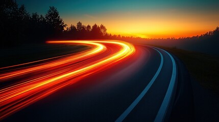 Car light trails curving on a road at sunset near forest