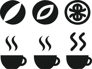 Simple Coffee Icons Set Showing Steaming Cups and Beans
