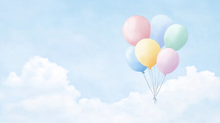 Cheerful balloons floating in bright sky with soft clouds create joyful atmosphere