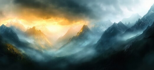 Fototapeta premium Majestic mountain landscape at sunrise with dramatic clouds and misty valleys, copy space for text