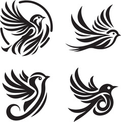 Decorative bird illustrations in monochrome style with leaves perfect for tattoo designs and digital design elements