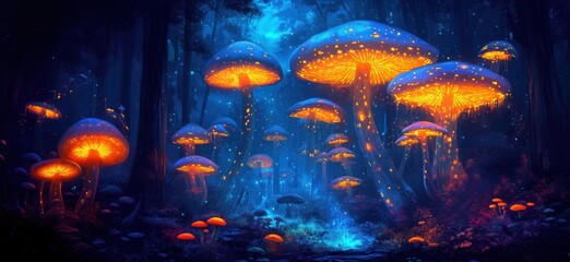 Fototapeta premium Glowing mushrooms in enchanted forest with vibrant blue and orange colors, copy space for text
