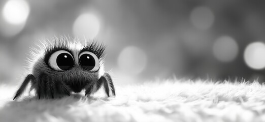 Fototapeta premium Cute cartoon spider with big eyes on soft surface in black and white, copy space for text