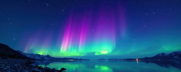 Naklejka premium Glittering aurora borealis night sky with stars, aurora, cosmic, sparkle