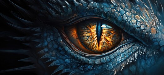 Fototapeta premium Close-up of a dragon eye showcasing intricate scales and vibrant orange iris, copy space for text