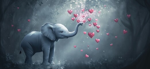 Elephant blowing hearts in magical forest setting with soft lighting and dreamy atmosphere, copy space for text