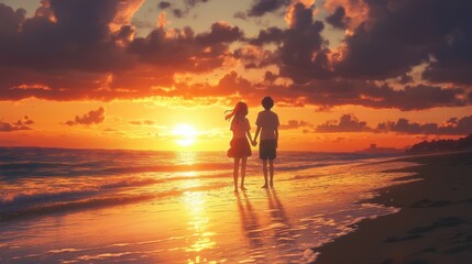 Fototapeta premium Sunset Romance on the Beach: A couple strolls hand-in-hand along the sandy beach as the sun sets over the horizon, painting the sky with hues of orange, pink, and purple.