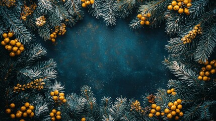 Christmas fir wreath on dark blue background for holiday greetings