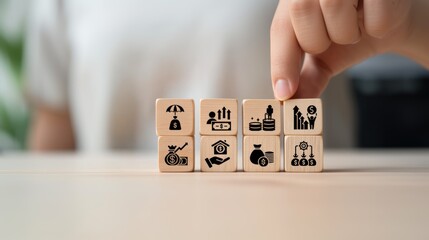 Wooden blocks arranged with icons on a white background symbolizing Employee Provident Fund concepts, EPF account features, employee benefits, and savings plans