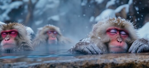 Snow monkeys relaxing in hot spring surrounded by winter landscape, copy space for text