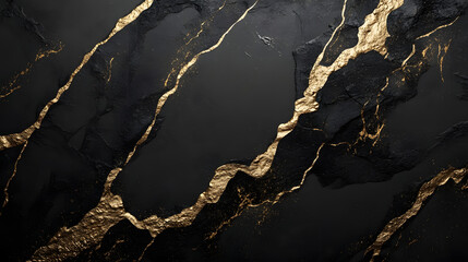 Abstract marble background with dark black color and geometric gold lines. The gold sprinkles make the background look elegant.