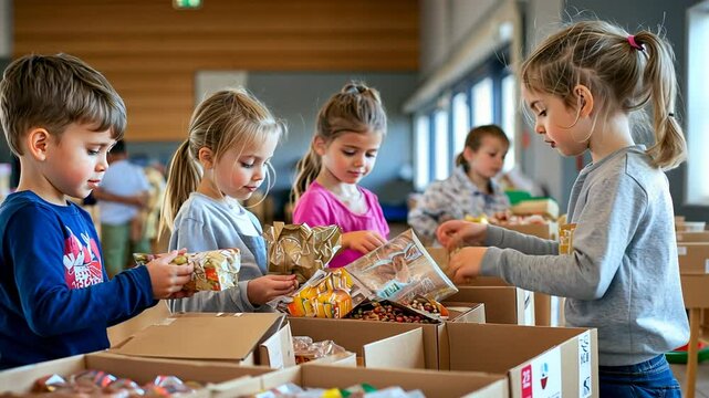 Community Hall Food Donation Event with Volunteers and Families