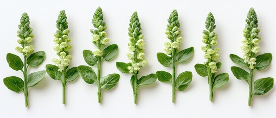 Obraz premium Minimalistic Arrangement of Snapdragons in a Row Against a Clean White Background for Elegant Floral Design