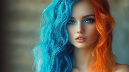 Fototapeta premium Portrait of a Beautiful Woman with Striking Blue and Orange Hair