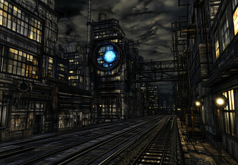 A futuristic cityscape with towering skyscrapers and glowing lights, set against the backdrop of an alien planet's night sky. The scene includes long train tracks leading into the distance under 