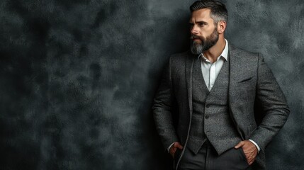 Handsome bearded businessman wearing watch, trendy suit and vest in modern studio against grey wall.