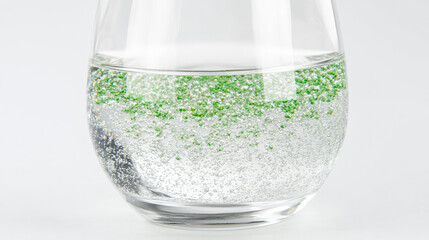 Close-up of a glass of water with a faint greenish tint, symbolizing arsenic contamination, on a plain white background with copy space. Environmental pollution and toxic substance danger concept.