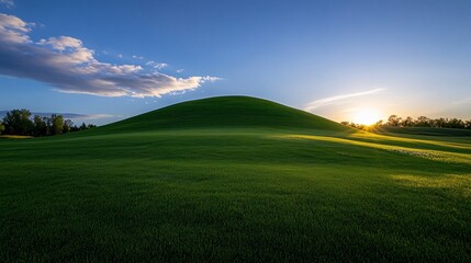Fototapeta premium Rolling green hills meet the horizon under a vibrant sky at sunrise